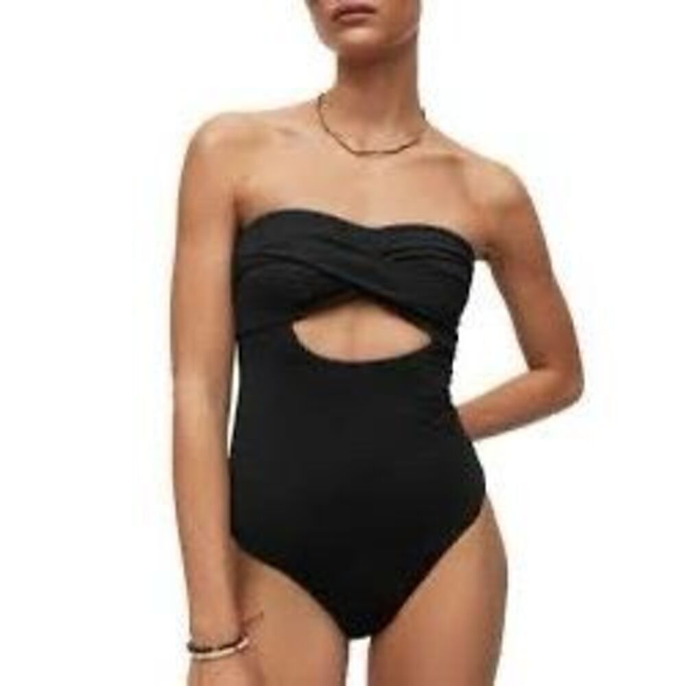 All Saints Tatum Women's Black Bandeau Cutout One-Piece Swimsuit Size Large NWOT